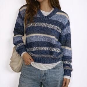 Vintage 90s St John’s Bay Wool Blend Blue Striped Knit Sweater Petite Small